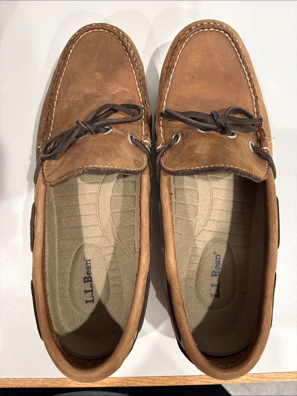 L.L. Bean Men’s Tan Leather Moc Toe Boat Shoes